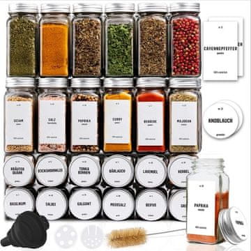 Deco Haus Set od 24 staklenke za začine Deco Haus s poklopcima – etikete, lijevak, kist, marker – kompatibilno sa stalcima za začine s 4 police – staklenke za pohranu i doziranje 120 ml, 10,5 x 4,3 cm