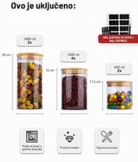 Deco Haus Komplet 8 staklenki za višekratnu upotrebu s poklopcem od bambusa – hermetičke, prikladne za perilicu posuđa i mikrovalnu pećnicu – za kekse, tjesteninu, suhu hranu, žitarice, kavu