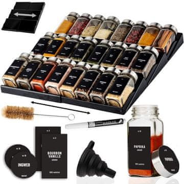 Deco Haus Crni organizator ladica sa staklenkama za začine – 3-stupanjski organizator ladica – kuhinjski organizator, organizator ladica sa 24 staklenke za začine, 280 naljepnica za začine, četkica i lijevak