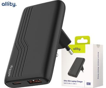 Allity ATC-02 GaN punjač, 65W, 1x USB-C, 1x USB-A, PD, QC, univerzalni, crni