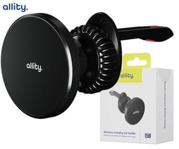 Allity ACH-300 držač za automobil i punjač za telefon, bežično punjenje od 15 W, MagSafe, + kabel, crni