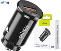 Allity ACC-100 auto punjač, 30W, 12/24V, 1x USB-C, 1x USB-A, PD, QC, univerzalni, crni