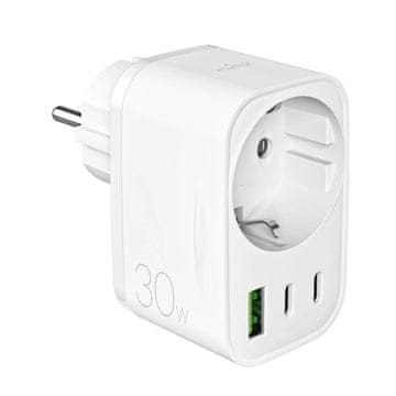 slomart Punjač Puro 30W Power Delivery s utikačem i utičnicom Schuko 2x USB-C + 1x USB-A - bijeli