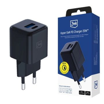 slomart 3mk Hyper GaN punjač 20W QC4+ PD PPS USB-C USB-A - crni