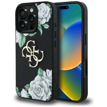 slomart Etui Guess Grained Roses Big 4G logo za iPhone 16 Pro - crno