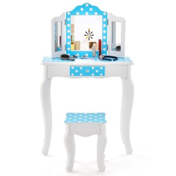 Northix 2 u 1 dječji toaletni stolić s trostrukim ogledalom, ladicom i stolicom, plavi, MDF konstrukcija