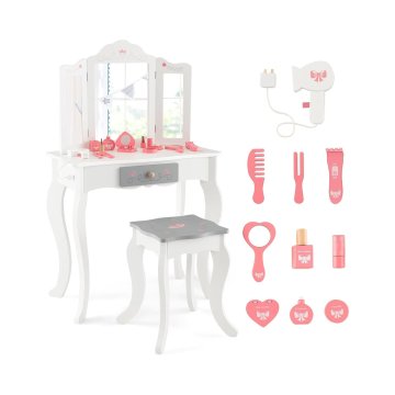 Northix 2 u 1 dječji toaletni stolić + stolac s sklopivim ogledalom, ladicom i priborom, bijeli, MDF konstrukcija