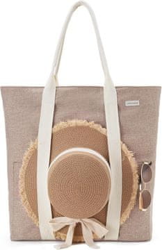 Nikcorp Ženska torba za plažu s patentnim zatvaračem i držačem za šešir, bež lanena ljetna torba XXL, 45 x 50 x 11 cm, višenamjenska