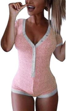 Nikcorp Ženski bodi s kratkim rukavima, V-izrez na gumbe, rebrasti materijal, ružičasto-siva boja, veličina M, pripijeni kroj