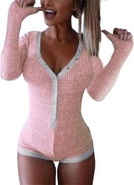 Nikcorp Ženski bodi dugih rukava s V-izrezom, rebrasti rastezljivi materijal, elegantan uski kroj, ružičasto-siva boja, veličina M