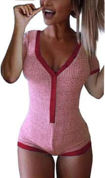 Nikcorp Ženski bodi kratkih rukava s V-izrezom, rebrasti, rastezljivi materijal, ružičasto-crvena boja, praktično kopčanje, veličina L