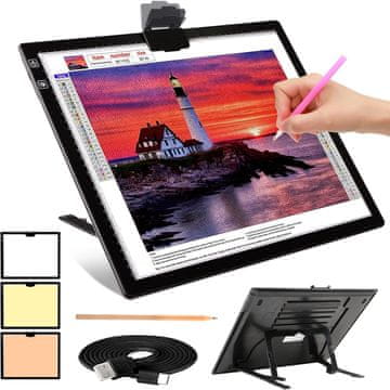 Nikcorp LED svjetleća ploča za precrtavanje A3, 3 boje svjetla, 6 razina svjetline, punjiva baterija 2500 mAh, s priborom za crtanje