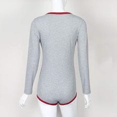 Nikcorp Ženski bodi dugih rukava s V-izrezom, rebrasti, elastični, sivo-vinski crvena boja, s kopčanjem u preponama, veličina XL