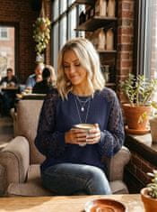 Nikcorp Ženska bluza dugih rukava s čipkom, puf rukavi, vafle pletivo, elegantan labavi kroj, okrugli izrez, tamnoplava, veličina L