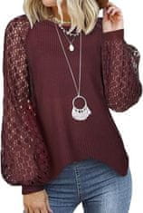 Nikcorp Ženska bluza dugih rukava s čipkom, pleteni puf rukavi, okrugli izrez, vafl tekstura, bordo boja, opušteni kroj, veličina L
