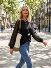 Nikcorp Ženska bluza dugih rukava s čipkom, puf rukavi, vafli pletivo, elegantan labavi kroj, okrugli izrez, crna, veličina XL