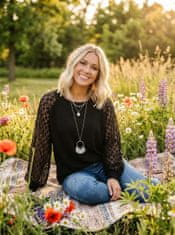 Nikcorp Ženska bluza dugih rukava s čipkom, puf rukavi, vafli pletivo, elegantan labavi kroj, okrugli izrez, crna, veličina XL