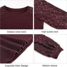 Nikcorp Ženska bluza dugih rukava s čipkom, pleteni puf rukavi, okrugli izrez, vafl tekstura, bordo boja, opušteni kroj, veličina L