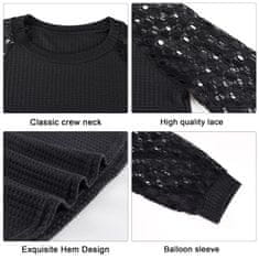 Nikcorp Ženska bluza dugih rukava s čipkom, puf rukavi, vafli pletivo, elegantan labavi kroj, okrugli izrez, crna, veličina XL