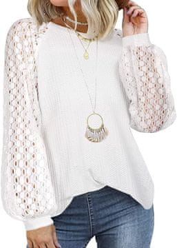 Nikcorp Ženska bluza dugih rukava s čipkom, puf rukavi, waffle pletivo, elegantan labav kroj, okrugli izrez, bijela boja, veličina L