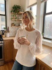 Nikcorp Ženska bluza dugih rukava s čipkom, puf rukavi, waffle pletivo, elegantan labav kroj, okrugli izrez, bijela boja, veličina L
