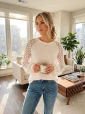 Nikcorp Ženska bluza dugih rukava s čipkom, puf rukavi, waffle pletivo, elegantan labav kroj, okrugli izrez, bijela boja, veličina L