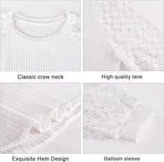 Nikcorp Ženska bluza dugih rukava s čipkom, puf rukavi, waffle pletivo, elegantan labav kroj, okrugli izrez, bijela boja, veličina L