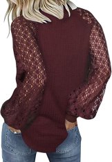 Nikcorp Ženska bluza dugih rukava s čipkom, pleteni puf rukavi, okrugli izrez, vafl tekstura, bordo boja, opušteni kroj, veličina L