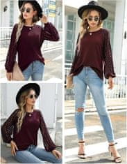 Nikcorp Ženska bluza dugih rukava s čipkom, pleteni puf rukavi, okrugli izrez, vafl tekstura, bordo boja, opušteni kroj, veličina L