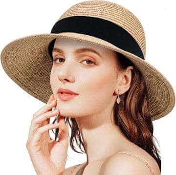 Nikcorp Ženski slamnati šešir za sunce, UV zaštita, široki obod, sklopivi ljetni šešir od papirnate slame s trakom, bež boja