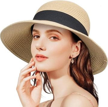 Nikcorp Ženski slamnati šešir za sunce sa širokim obodom, UV zaštita, sklopivi dizajn za plažu i ljeto, univerzalna veličina, bež