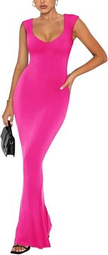 Nikcorp Maxi haljina uska rebrasta s kratkim rukavima, četvrtasti izrez, kroj sirene, pogodna za trudnice i dojenje, ružičasta, veličina S