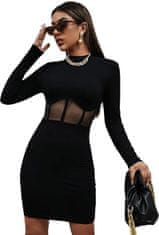 Nikcorp Kratka crna haljina s dugim rukavima, uski bodycon kroj s prozirnom mrežicom i rebrastim pletivom, veličina S, mini duljina