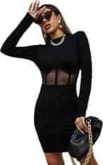 Nikcorp Kratka crna haljina s dugim rukavima, uski bodycon kroj s prozirnom mrežicom i rebrastim pletivom, veličina S, mini duljina