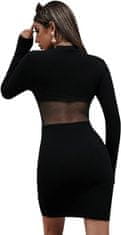 Nikcorp Kratka crna haljina s dugim rukavima, uski bodycon kroj s prozirnom mrežicom i rebrastim pletivom, veličina S, mini duljina