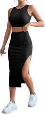 Nikcorp Ženski komplet crop top majica i midi suknja s prorezom, elegantni dvodijelni set za zabave, rastezljiva tkanina, crna, S