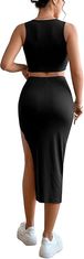 Nikcorp Ženski komplet crop top majica i midi suknja s prorezom, elegantni dvodijelni set za zabave, rastezljiva tkanina, crna, S