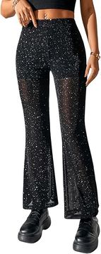 Nikcorp Ženske svečane hlače s visokim strukom, crne prozirne hlače sa šljokicama, rastezljive party hlače za izlaske, veličina M