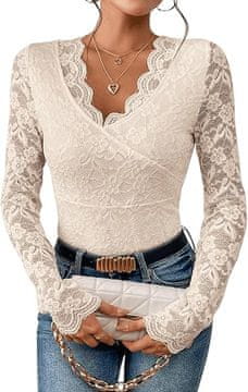 Nikcorp Čipkani ženski body s kratkim rukavima, elegantan slim fit kroj, senzualni V-izrez i ukrasna čipka, bijela boja, veličina M