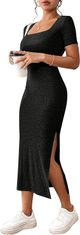 Nikcorp Elegantna midi haljina s prorezom, četvrtasti izrez, kratki rukavi, bodycon kroj, elastična pletenina, crna boja, veličina S