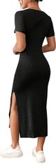 Nikcorp Elegantna midi haljina s prorezom, četvrtasti izrez, kratki rukavi, bodycon kroj, elastična pletenina, crna boja, veličina S