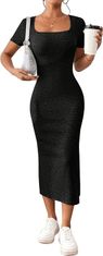 Nikcorp Elegantna midi haljina s prorezom, četvrtasti izrez, kratki rukavi, bodycon kroj, elastična pletenina, crna boja, veličina S