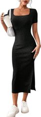 Nikcorp Elegantna midi haljina s prorezom, četvrtasti izrez, kratki rukavi, bodycon kroj, elastična pletenina, crna boja, veličina S