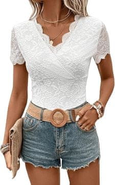 Nikcorp Čipkani ženski body s kratkim rukavima, elegantan V-izrez, slim fit kroj, mekana rastezljiva tkanina, bijela boja, veličina L