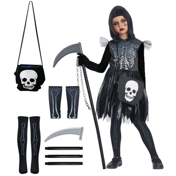 Nikcorp Kostim Žetelac Smrti za djevojčice, set s haljinom, srpom i torbicom, maska kostura za Halloween, crni, 7-8 godina (120-130 cm)
