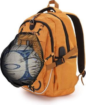 Nikcorp Dječji sportski ruksak BONN s mrežom za loptu i kacigu, pretinac za laptop 15.6, USB port, Oxford tkanina, 20L, narančasti