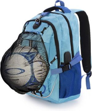 Nikcorp Dječji sportski ruksak s mrežom za loptu i kacigu, USB port, pretinac za laptop 15.6", ergonomski, 20L, Oxford tkanina, plavi