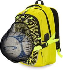 Nikcorp Dječji sportski ruksak BONN s mrežom za loptu i kacigu, USB port, za laptop 15.6", ergonomski, 20L, Oxford tkanina, žuti