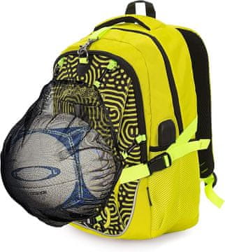 Nikcorp Dječji sportski ruksak BONN s mrežom za loptu i kacigu, USB port, za laptop 15.6", ergonomski, 20L, Oxford tkanina, žuti