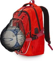 Nikcorp Dječji sportski ruksak BONN s mrežom za loptu i kacigu, pretinac za laptop 15.6", USB priključak, 20L, crveni